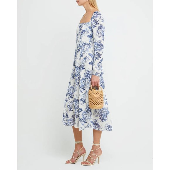 Blue Floral Dress w/High Slit by manu Reformation Sigmund Olympia White Midi 4 S - Picture 4 of 6